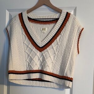 Anthropologie Cropped V-Neck Sweater Vest with Black and Brown Varsity Stripes